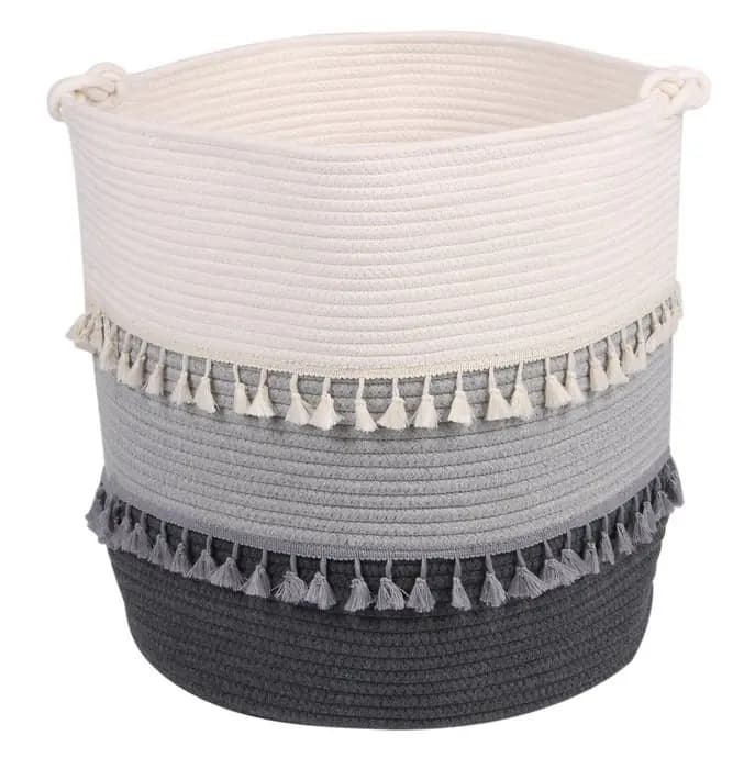 Cesto de ropa de soga de algodón con flecos